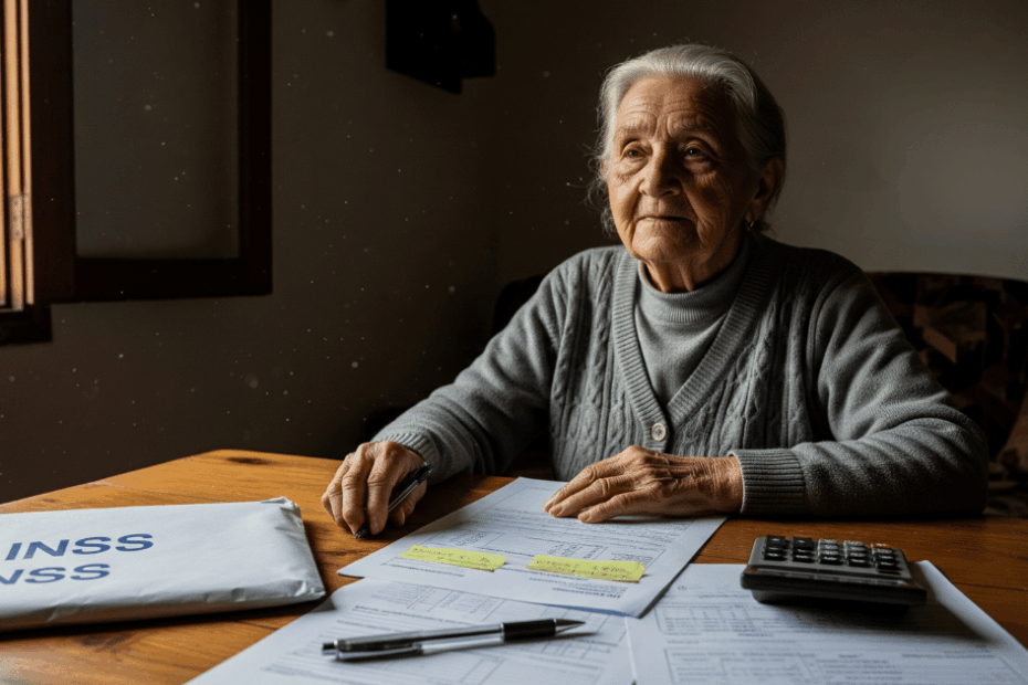Imagem representando uma mulher idosa analisando documentos relacionados ao BPC/LOAS, com foco na expressão reflexiva da personagem. A mesa exibe formulários, um envelope com o logo do INSS, uma caneta e uma calculadora, sugerindo a temática de análise de renda e vulnerabilidade social. A cena reforça o contexto do artigo jurídico que discute a possibilidade de reversão judicial da negativa do benefício pelo INSS.