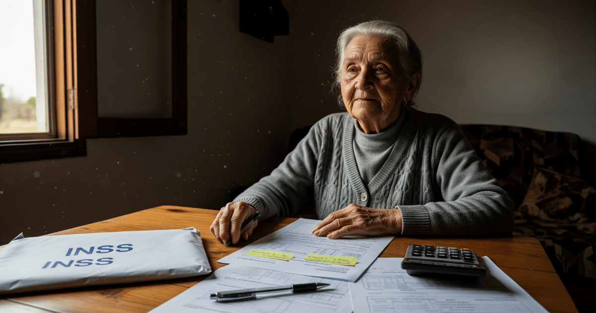 Imagem representando uma mulher idosa analisando documentos relacionados ao BPC/LOAS, com foco na expressão reflexiva da personagem. A mesa exibe formulários, um envelope com o logo do INSS, uma caneta e uma calculadora, sugerindo a temática de análise de renda e vulnerabilidade social. A cena reforça o contexto do artigo jurídico que discute a possibilidade de reversão judicial da negativa do benefício pelo INSS.