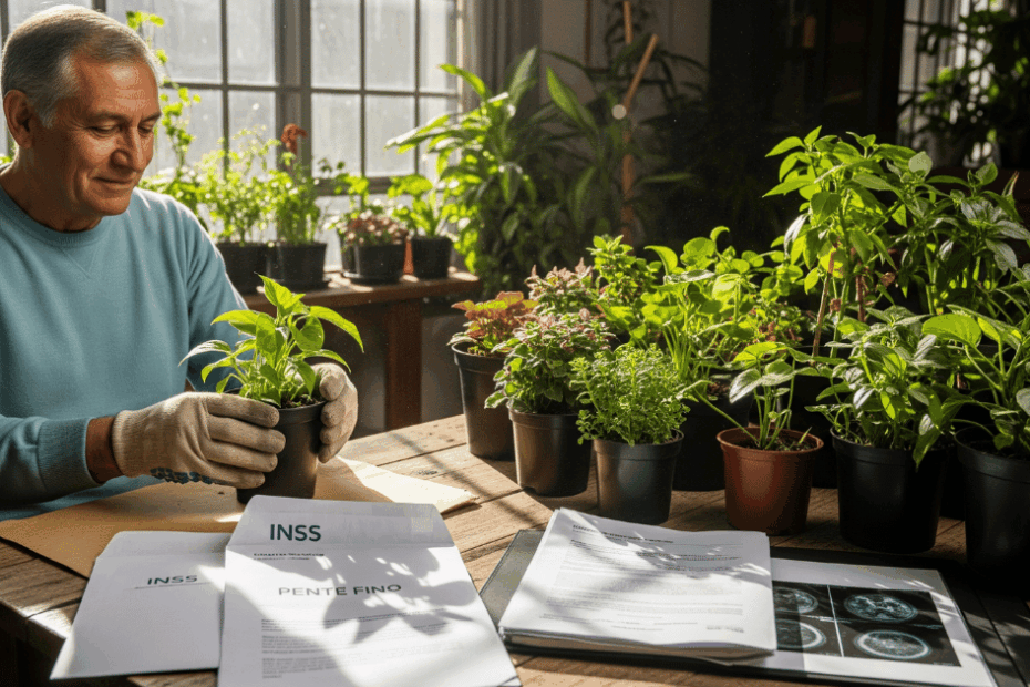 Um senhor de 60 anos, em sua casa, cuidando de plantas em um jardim. Ele tem uma expressão serena, mas ao lado, sobre uma mesa, uma carta de convocação do INSS (pente-fino) e uma pasta com laudos médicos recentes, mostrando que ele está preparado.