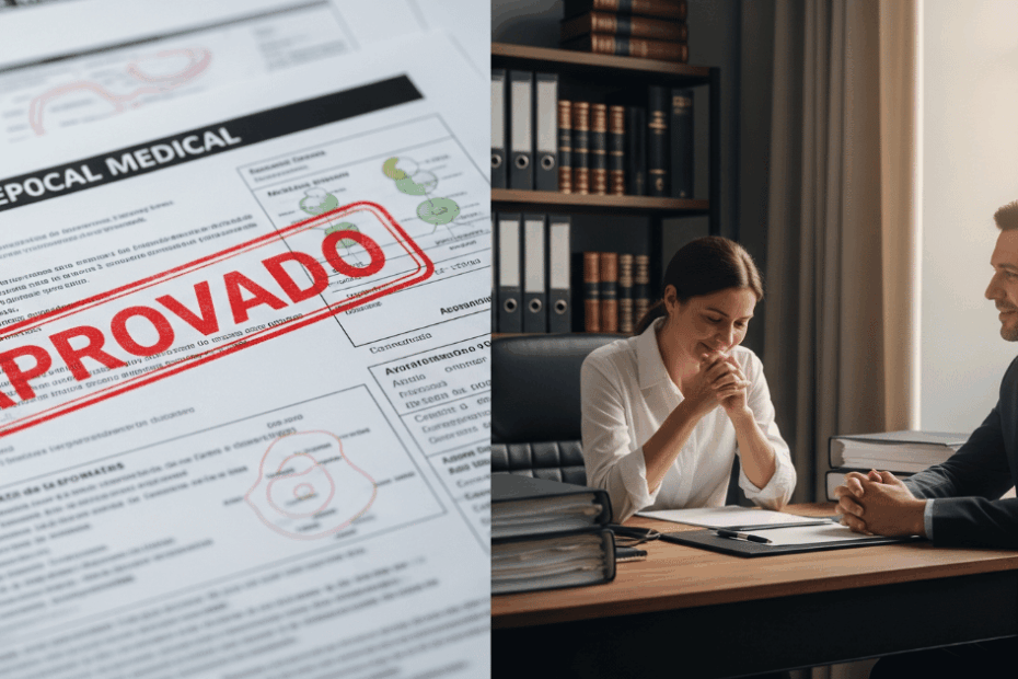 Imagem dividida. De um lado, um laudo médico detalhado com um carimbo de "Aprovado" em destaque. Do outro lado, uma pessoa com expressão de alívio e gratidão conversando com um advogado em um escritório. O foco é na força do documento médico.