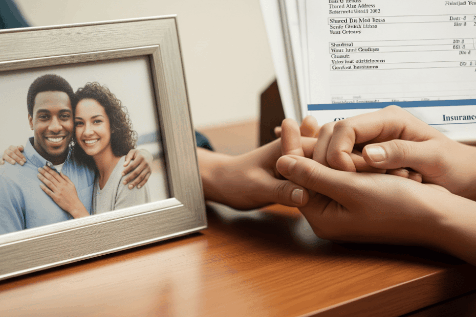 Um porta-retrato sobre um aparador com a foto de um casal sorrindo. Ao lado, uma mão segura com firmeza a outra, em um gesto de amparo. Ao fundo, documentos como contas com o mesmo endereço e uma apólice de seguro, simbolizando as provas da união.