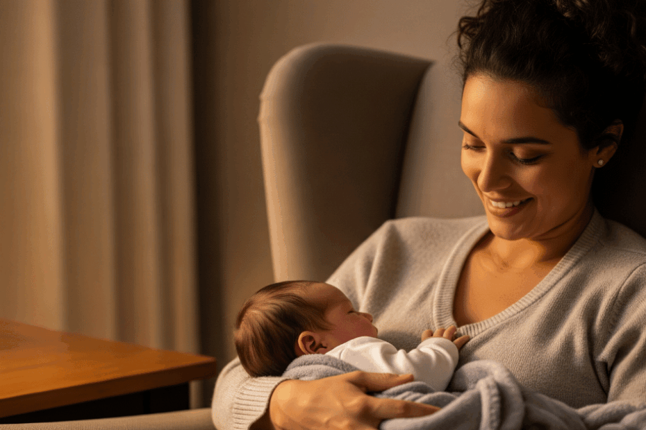 Uma mulher sorrindo, recebendo salário-maternidade, segurando seu bebê recém-nascido no colo, sentada confortavelmente em uma poltrona em casa.